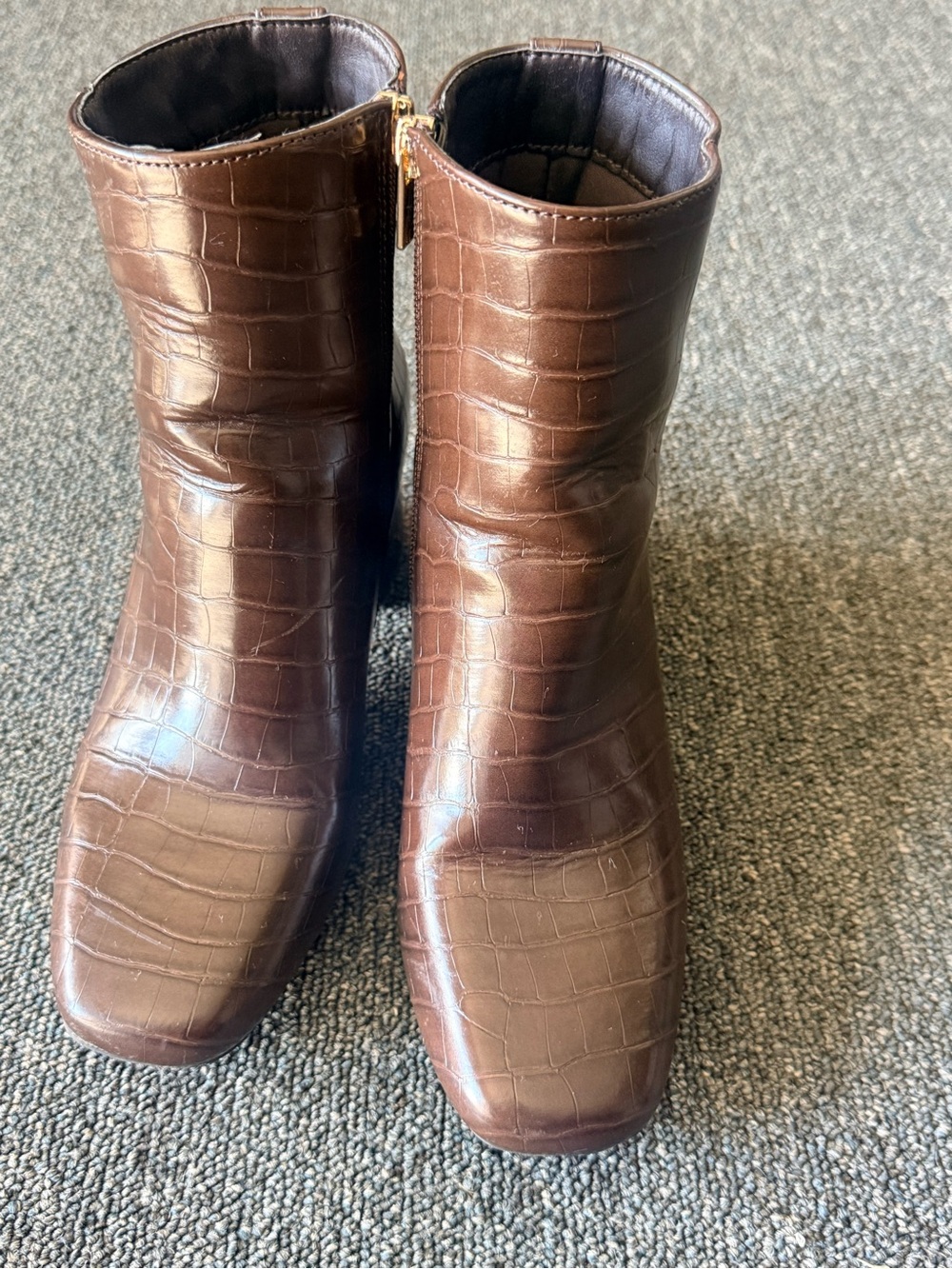 Jones New York Brown Croc-Embossed Square Toe Ankle Booties